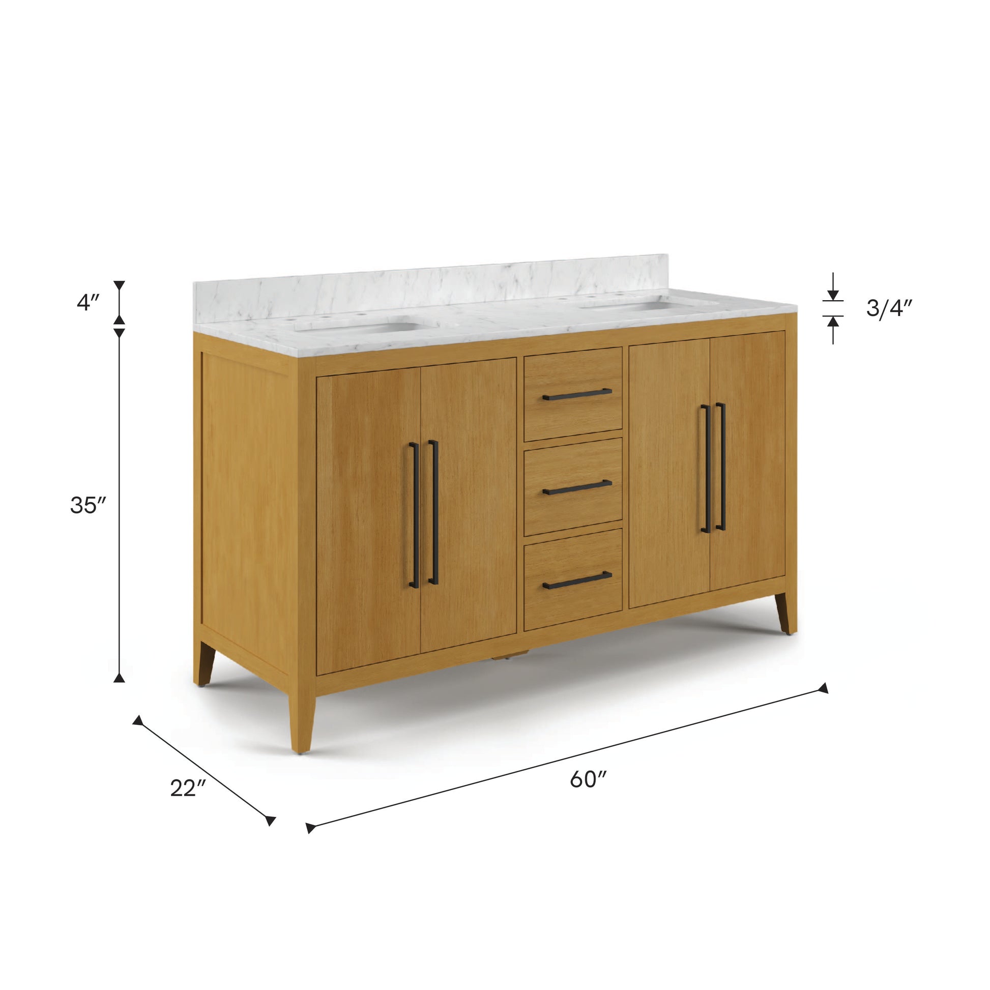 Lusso 60 in. Double Sink Freestanding Baja Oak Bath Vanity with Cararara White Engineered Marble Top (Assembled) | Water Creation