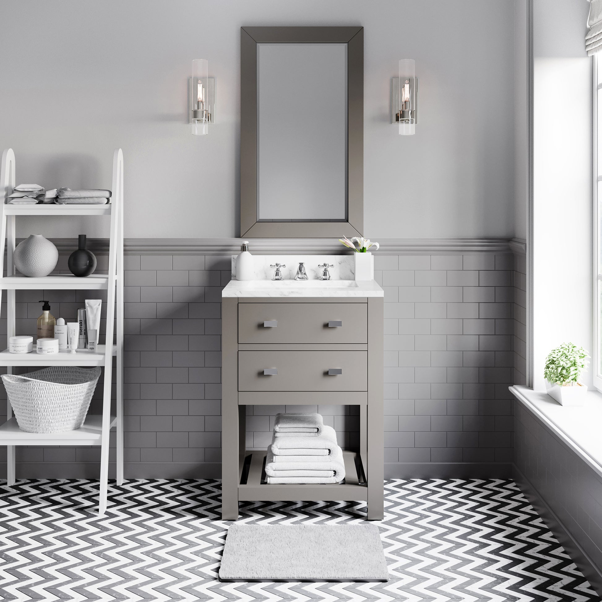 Madalyn 24 in. W x 21.5 in. D x 34 in. H Vanity in Cashmere Grey with Marble Vanity Top in Carrara White | Water Creation