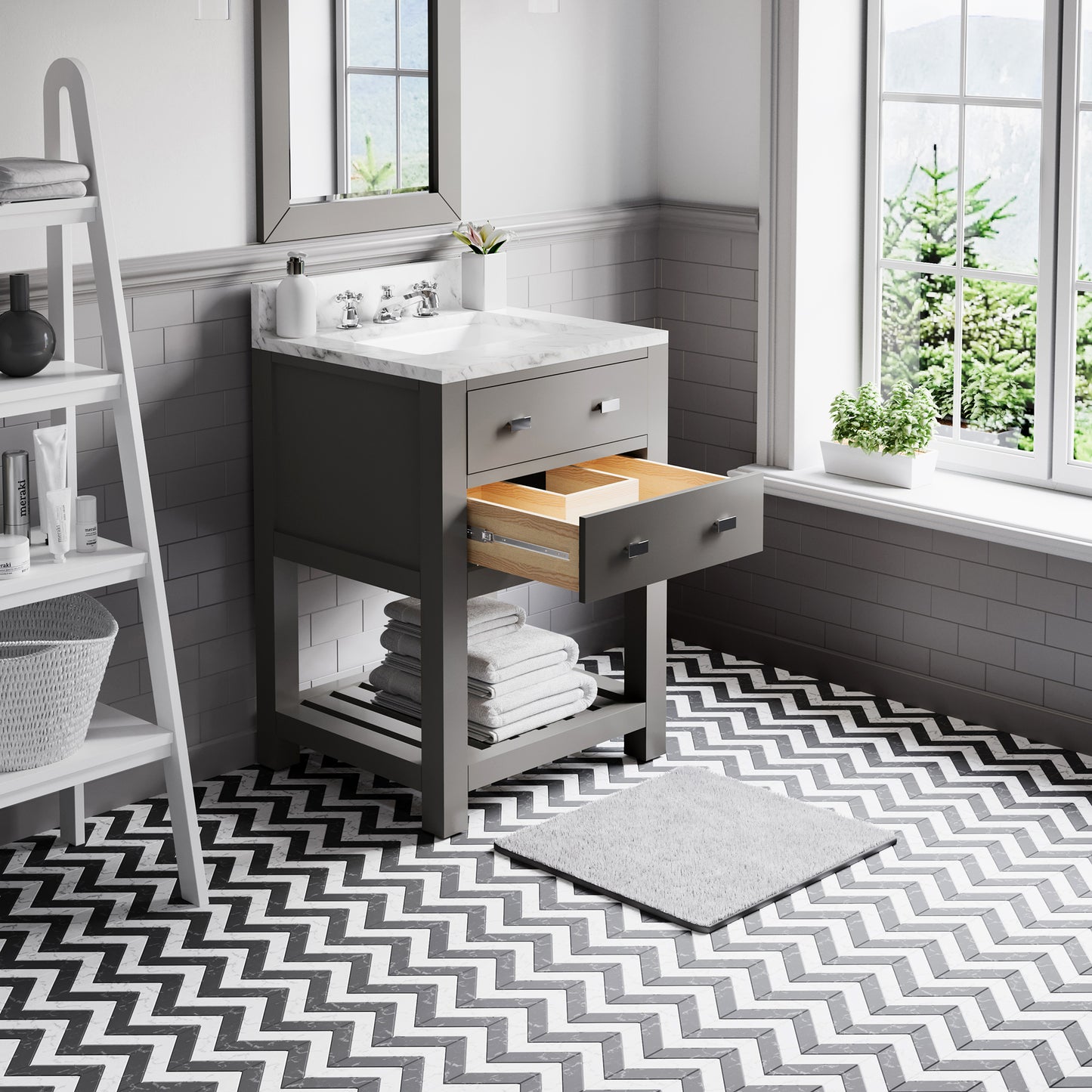 Madalyn 24 in. W x 21.5 in. D x 34 in. H Vanity in Cashmere Grey with Marble Vanity Top in Carrara White | Water Creation
