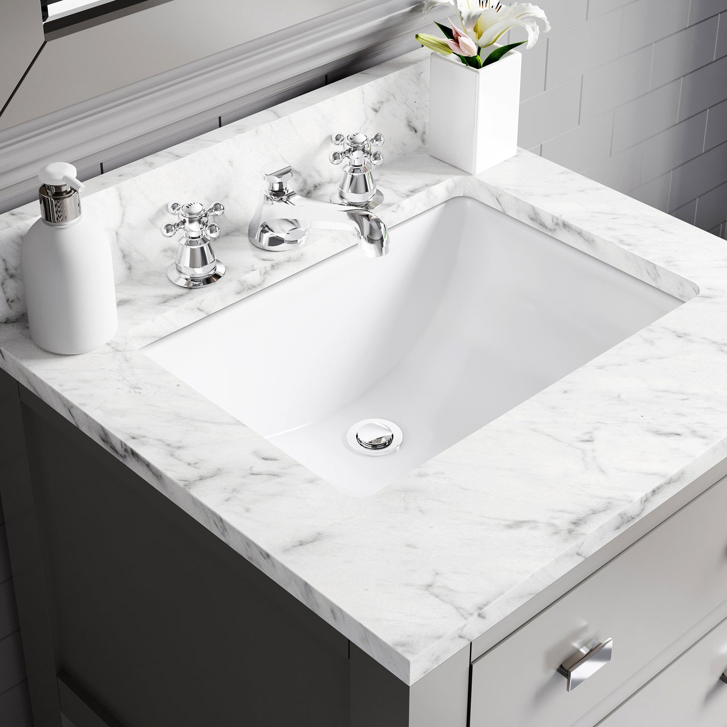 Madalyn 24 in. W x 21.5 in. D x 34 in. H Vanity in Cashmere Grey with Marble Vanity Top in Carrara White | Water Creation