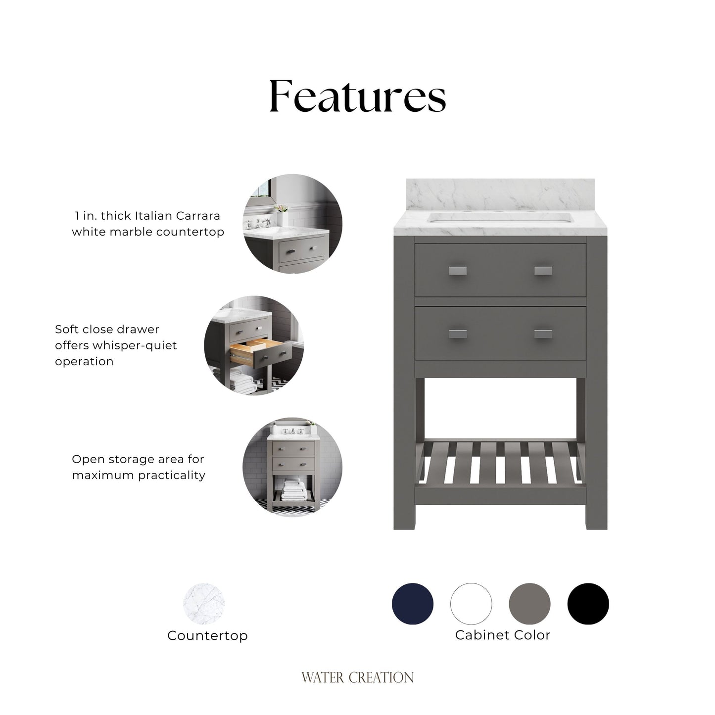 Madalyn 24 in. W x 21.5 in. D x 34 in. H Vanity in Cashmere Grey with Marble Vanity Top in Carrara White | Water Creation