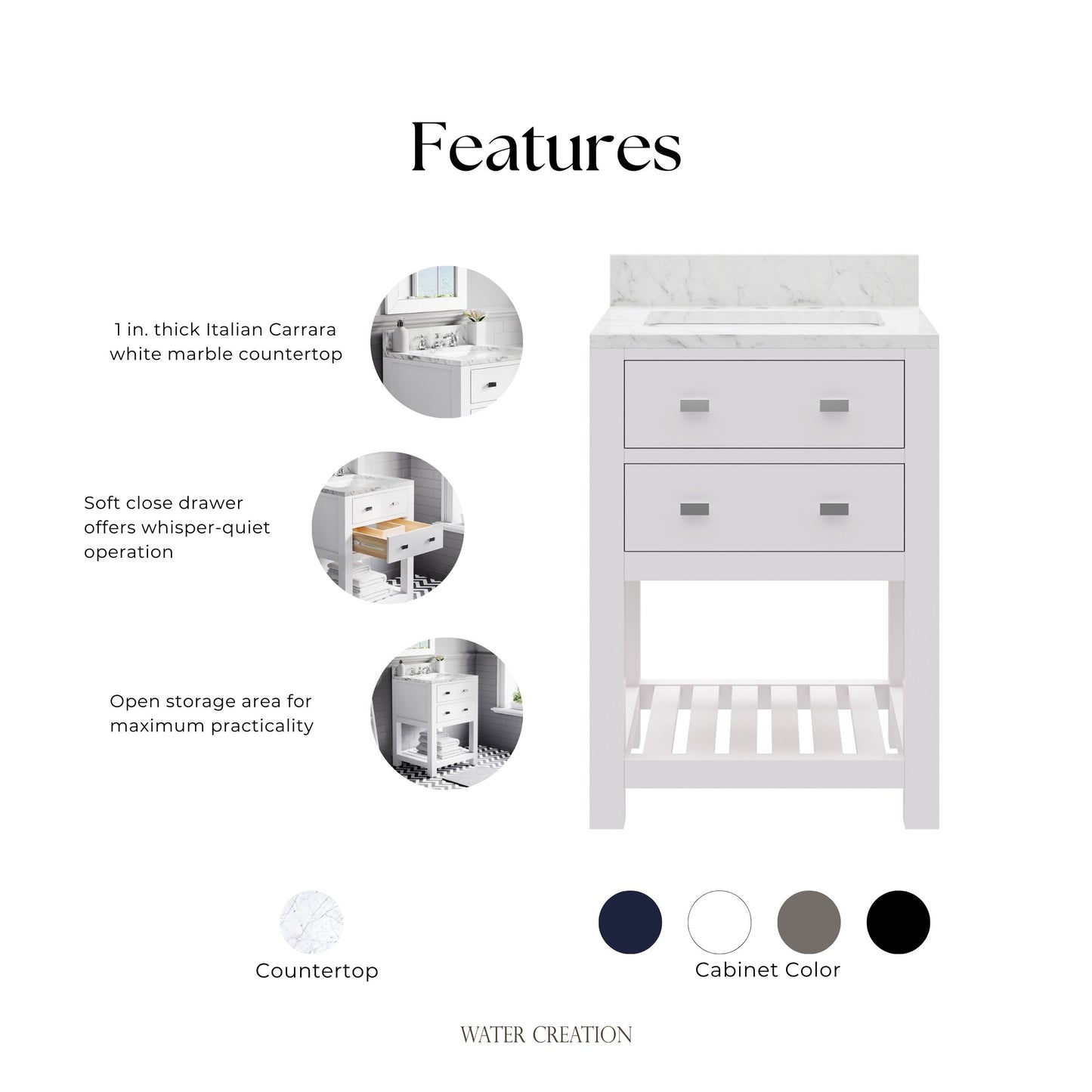 Madalyn 24 in. Vanity in Carrara White with Marble Vanity Top in Carrara White | Water Creation