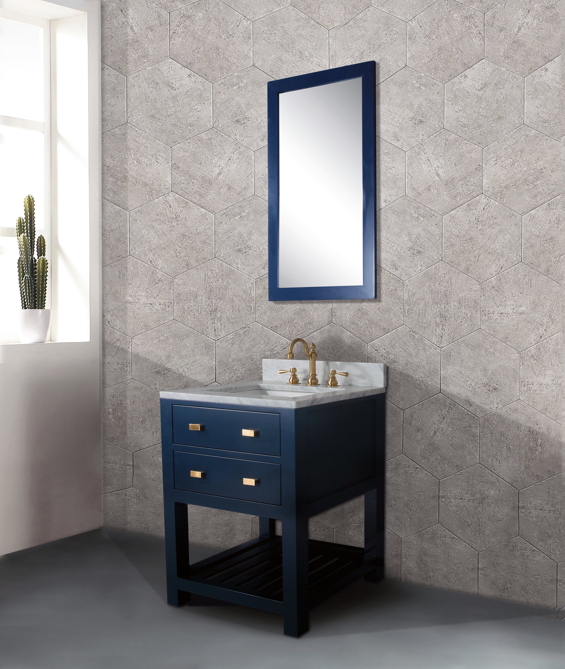 Madalyn 24 in. W Bath Vanity in Monarch Blue with Marble Vanity Top in Carrara White with White Basin(s) | Water Creation