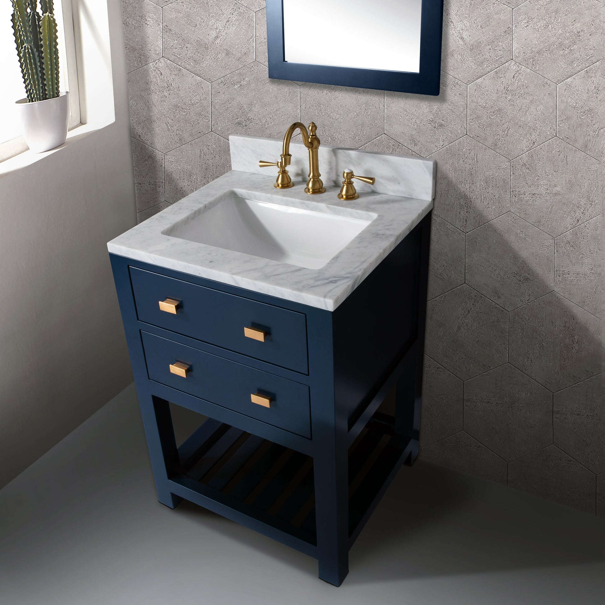 Madalyn 24 in. W Bath Vanity in Monarch Blue with Marble Vanity Top in Carrara White with White Basin(s) | Water Creation