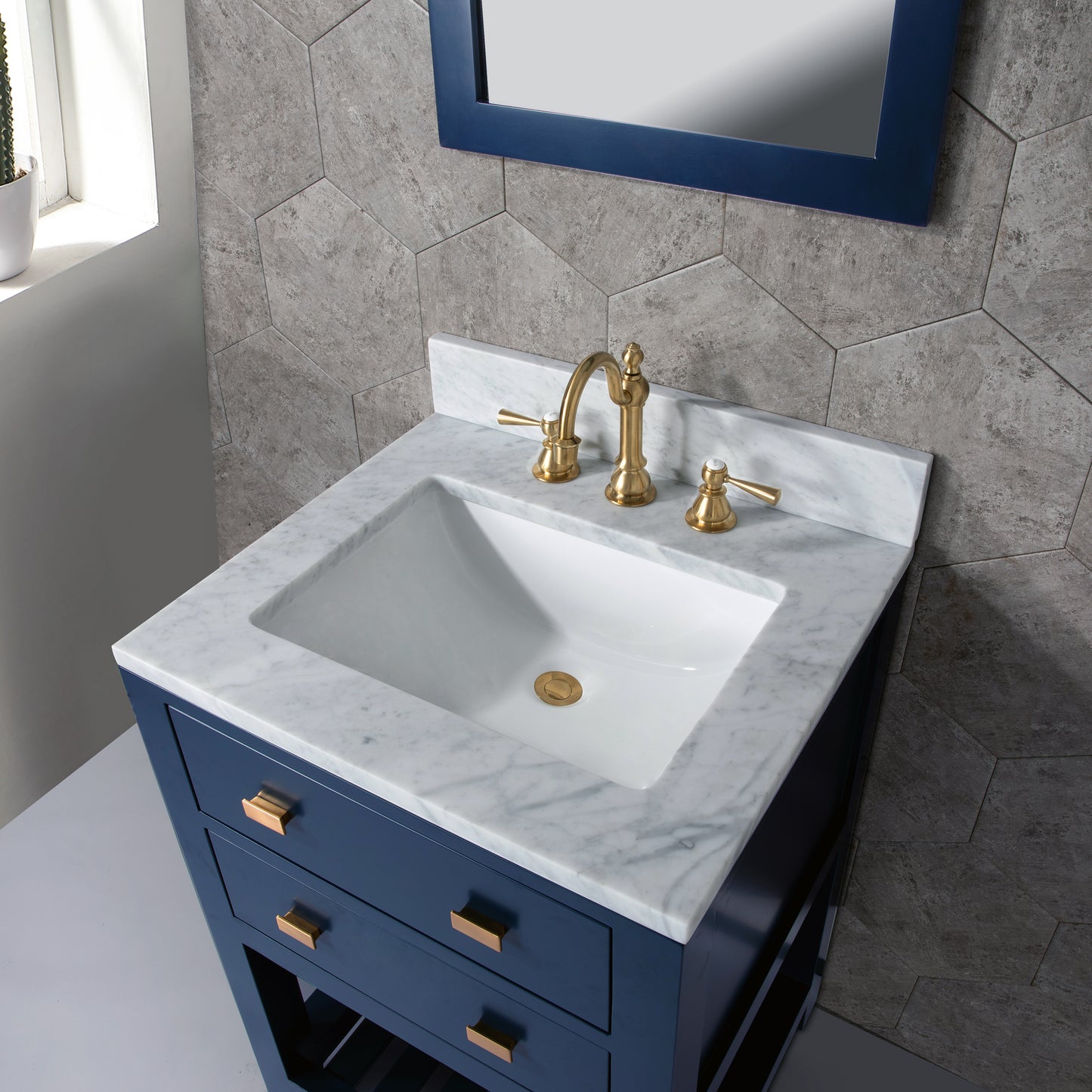 Madalyn 24 in. W Bath Vanity in Monarch Blue with Marble Vanity Top in Carrara White with White Basin(s) | Water Creation