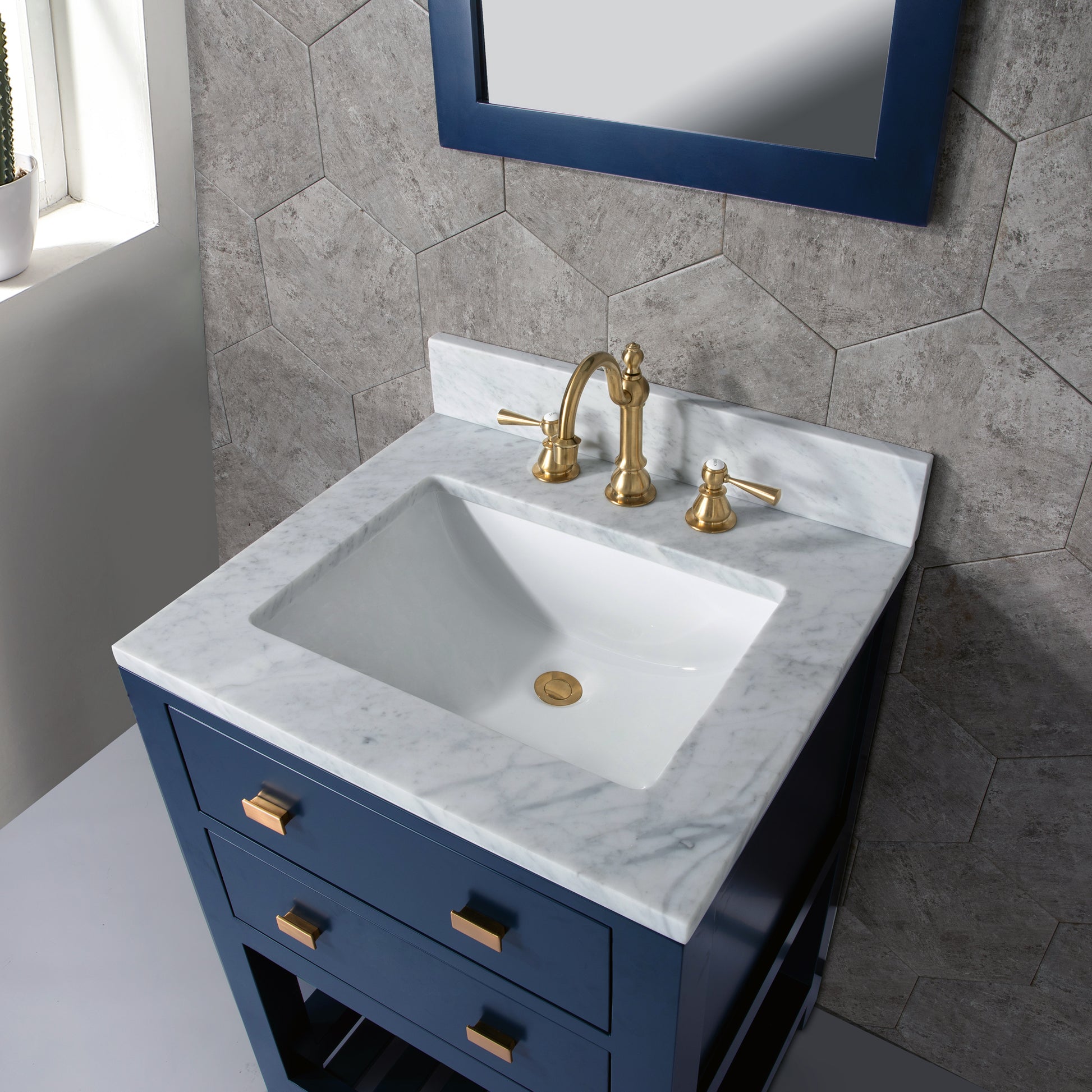 Madalyn 24 in. W Bath Vanity in Monarch Blue with Marble Vanity Top in Carrara White with White Basin(s) | Water Creation