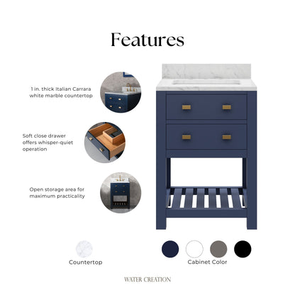 Madalyn 24 in. W Bath Vanity in Monarch Blue with Marble Vanity Top in Carrara White with White Basin(s) | Water Creation