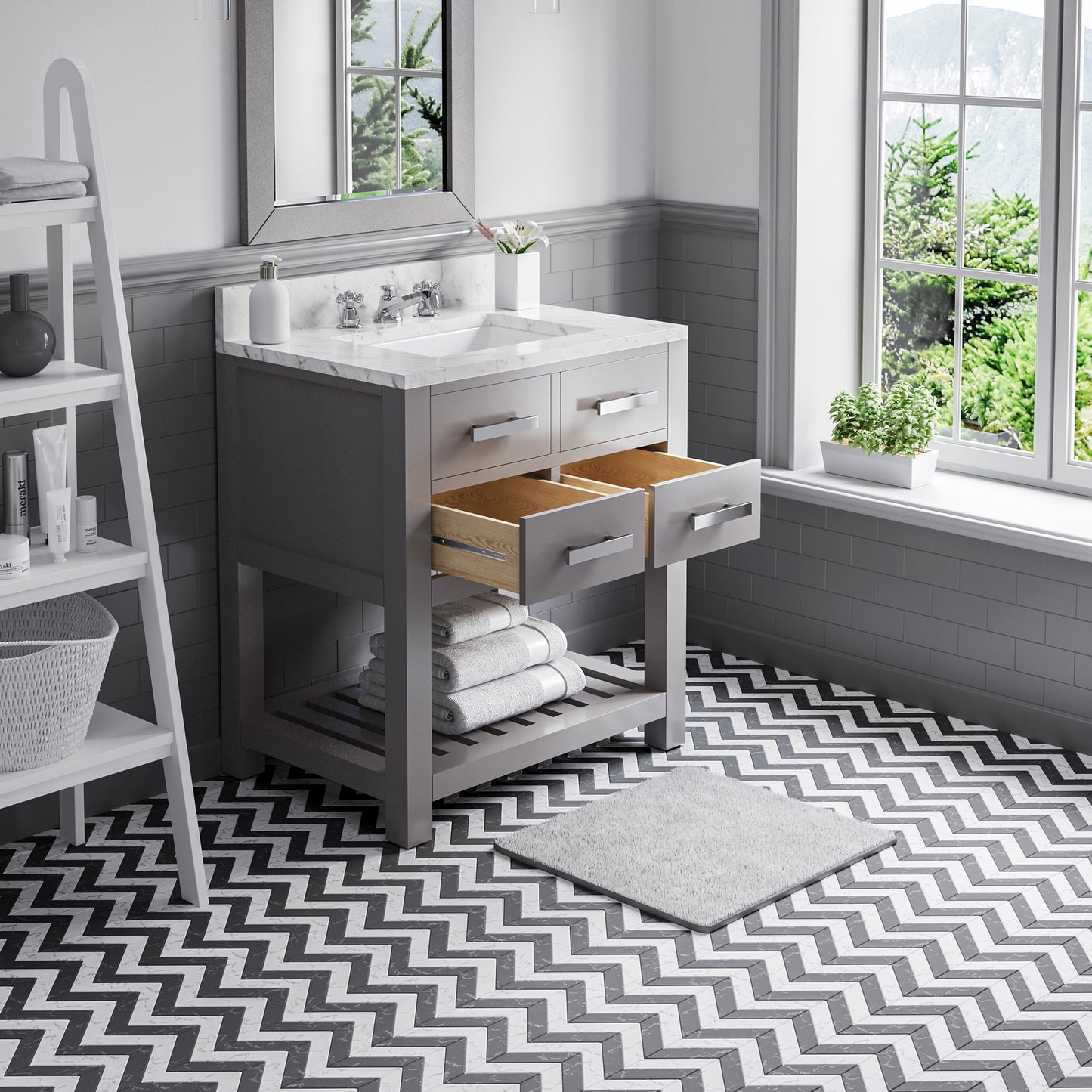 Madalyn 30 in. W x 21.5 in. D x 34 in. H Vanity in Cashmere Grey with Marble Vanity Top in Carrara White | Water Creation