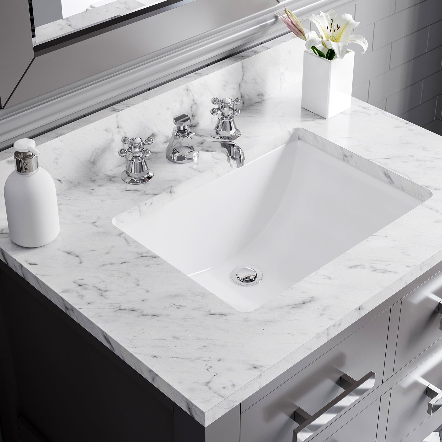 Madalyn 30 in. W x 21.5 in. D x 34 in. H Vanity in Cashmere Grey with Marble Vanity Top in Carrara White | Water Creation