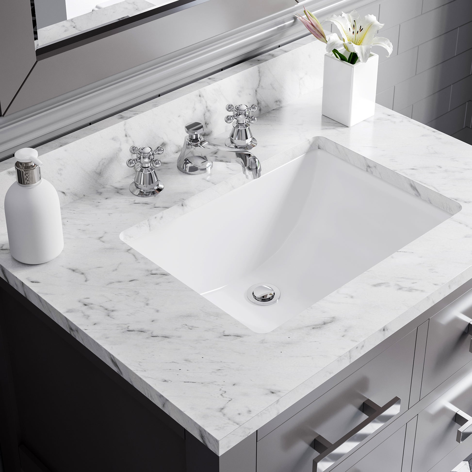 Madalyn 30 in. W x 21.5 in. D x 34 in. H Vanity in Cashmere Grey with Marble Vanity Top in Carrara White | Water Creation