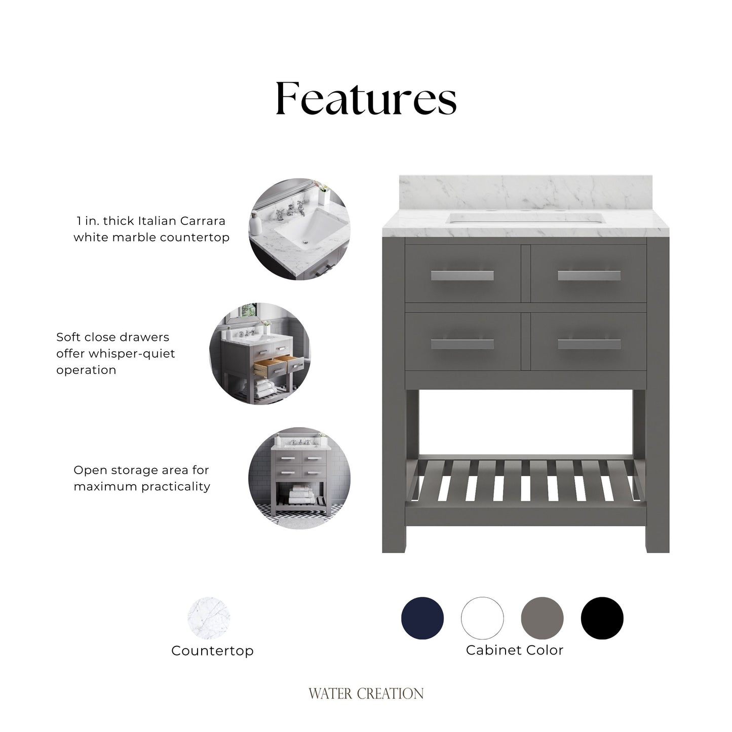 Madalyn 30 in. W x 21.5 in. D x 34 in. H Vanity in Cashmere Grey with Marble Vanity Top in Carrara White | Water Creation