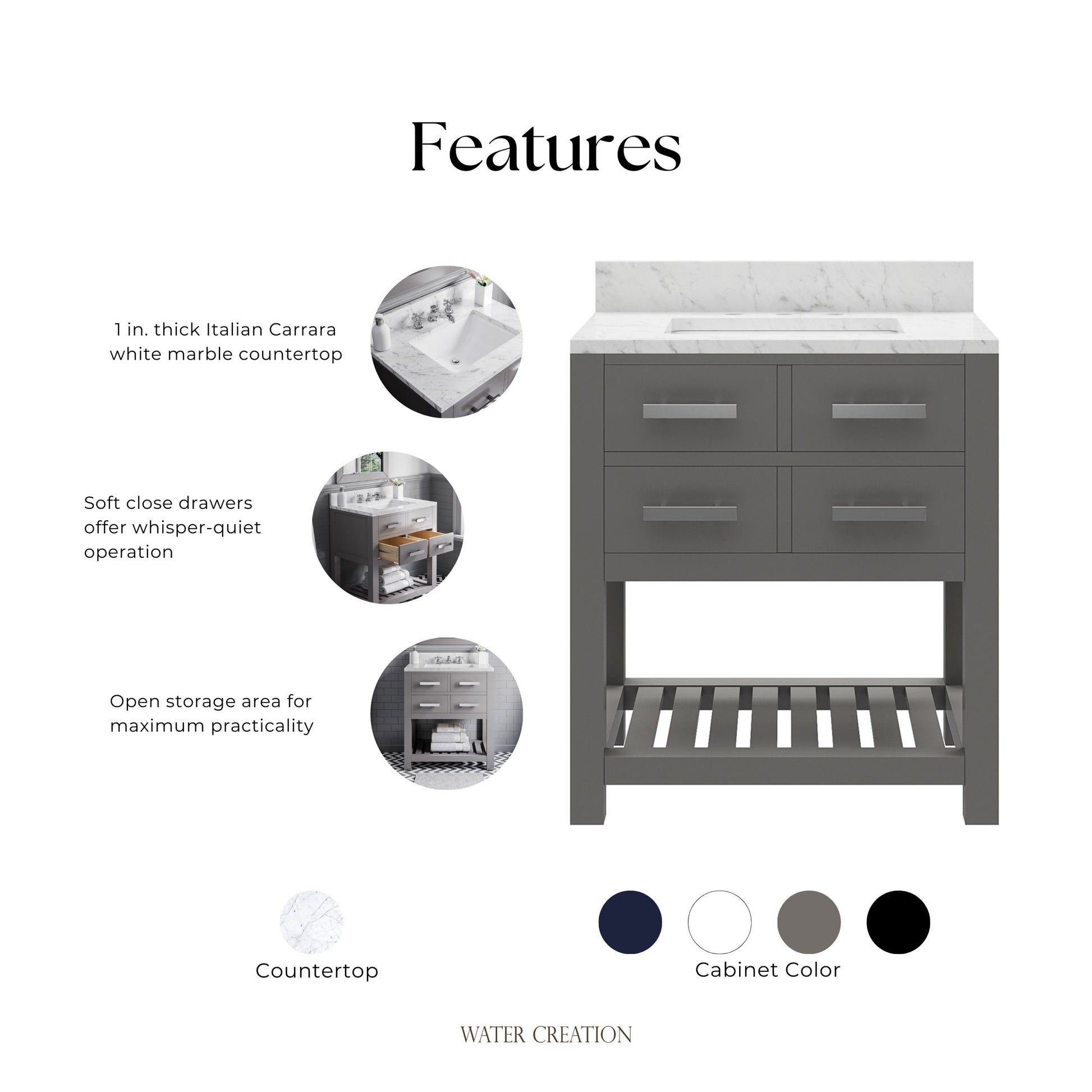 Madalyn 30 in. W x 21.5 in. D x 34 in. H Vanity in Cashmere Grey with Marble Vanity Top in Carrara White | Water Creation