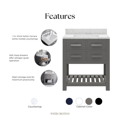 Madalyn 30 in. W x 21.5 in. D x 34 in. H Vanity in Cashmere Grey with Marble Vanity Top in Carrara White | Water Creation
