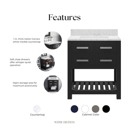 Madalyn 30 in. Vanity in Espresso with Marble Vanity Top in Carrara White | Water Creation
