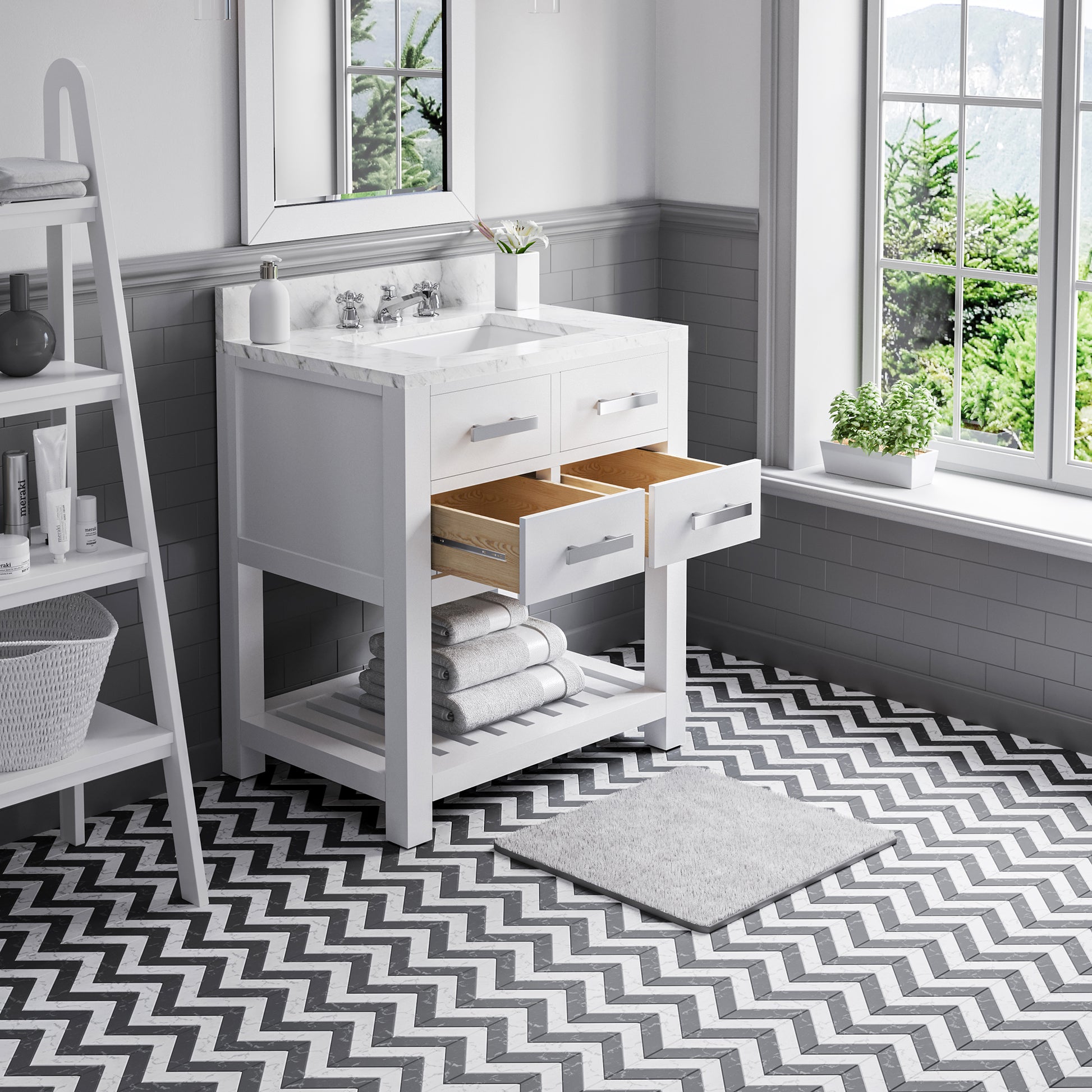 Madalyn 30 in. Vanity in Carrara White with Marble Vanity Top in Carrara White | Water Creation