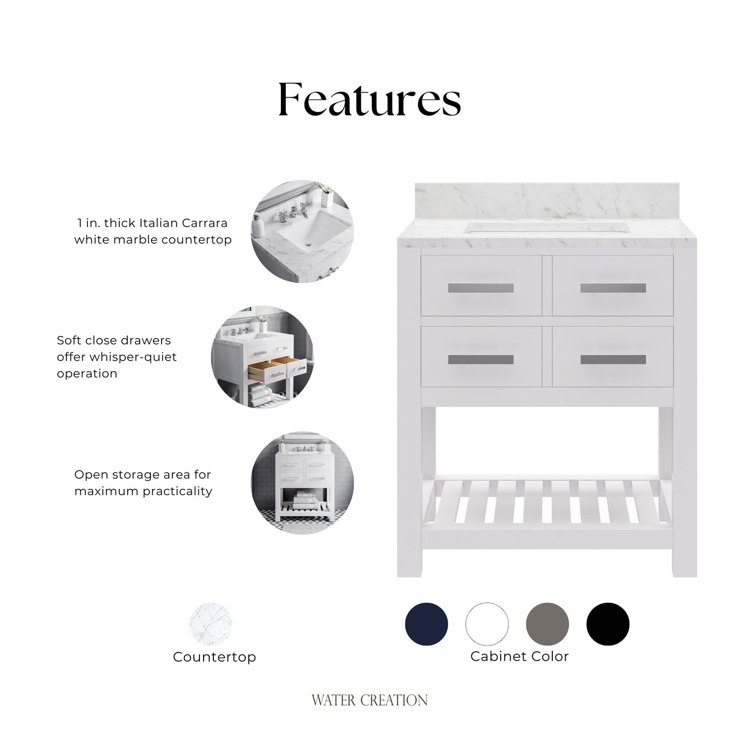 Madalyn 30 in. Vanity in Carrara White with Marble Vanity Top in Carrara White | Water Creation