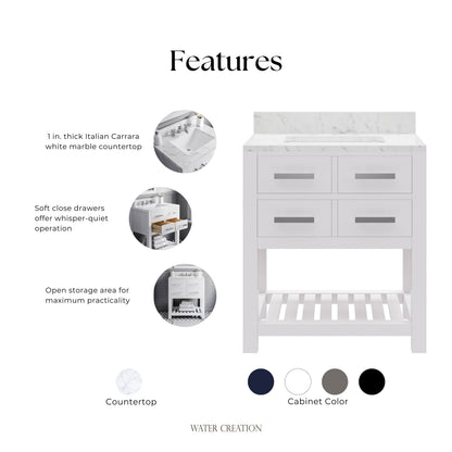 Madalyn 30 in. Vanity in Carrara White with Marble Vanity Top in Carrara White | Water Creation
