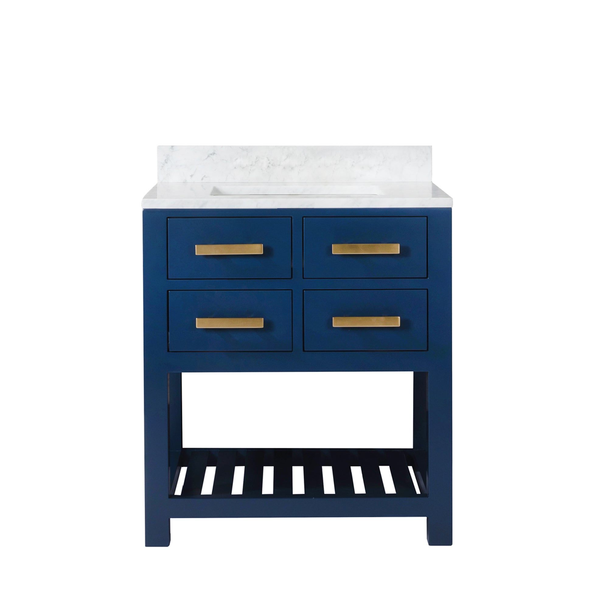 Madalyn 30 in. W Bath Vanity in Monarch Blue with Marble Vanity Top in Carrara White with White Basin(s) | Water Creation