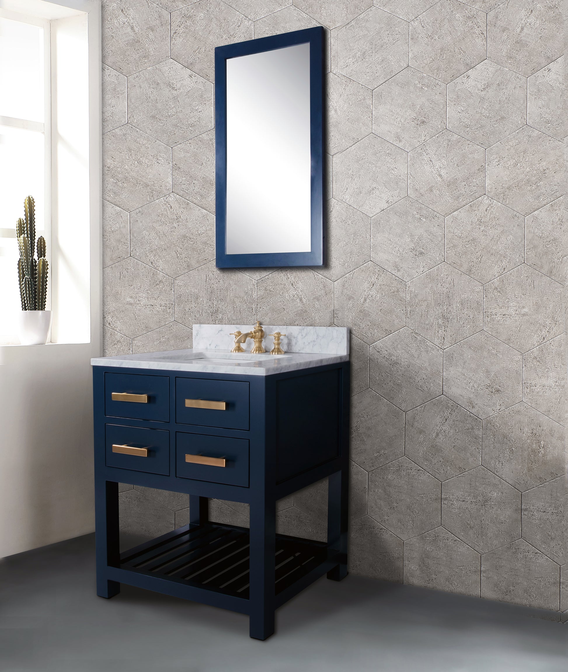 Madalyn 30 in. W Bath Vanity in Monarch Blue with Marble Vanity Top in Carrara White with White Basin(s) | Water Creation