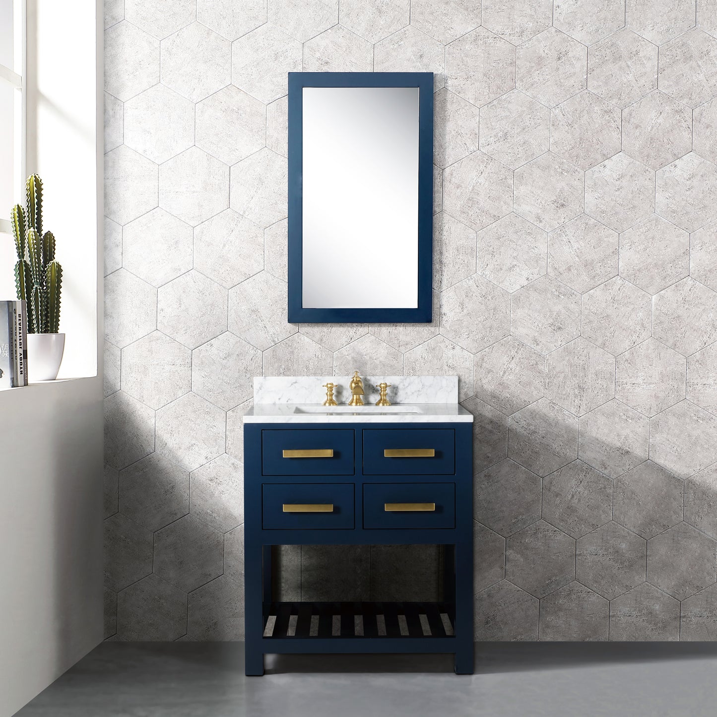 Madalyn 30 in. W Bath Vanity in Monarch Blue with Marble Vanity Top in Carrara White with White Basin(s) | Water Creation