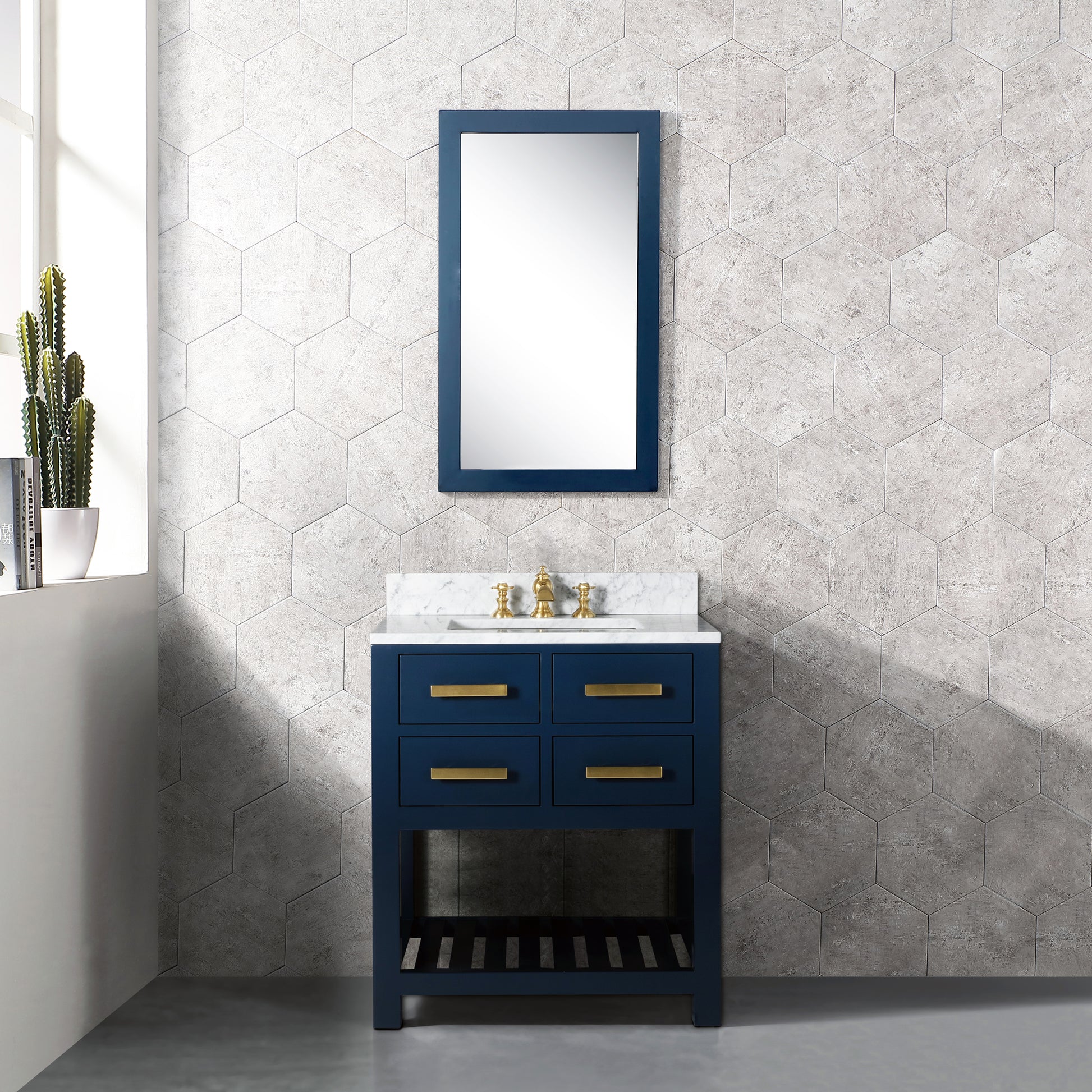 Madalyn 30 in. W Bath Vanity in Monarch Blue with Marble Vanity Top in Carrara White with White Basin(s) | Water Creation