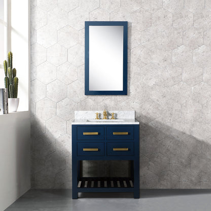 Madalyn 30 in. W Bath Vanity in Monarch Blue with Marble Vanity Top in Carrara White with White Basin(s) | Water Creation