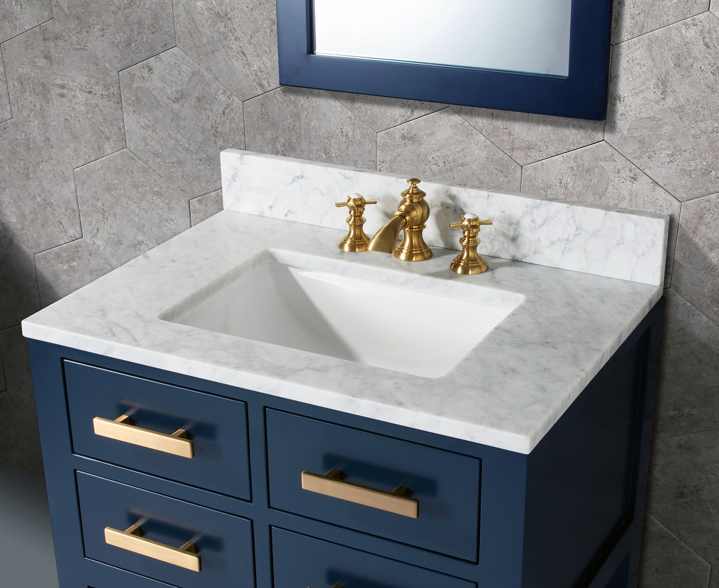 Madalyn 30 in. W Bath Vanity in Monarch Blue with Marble Vanity Top in Carrara White with White Basin(s) | Water Creation