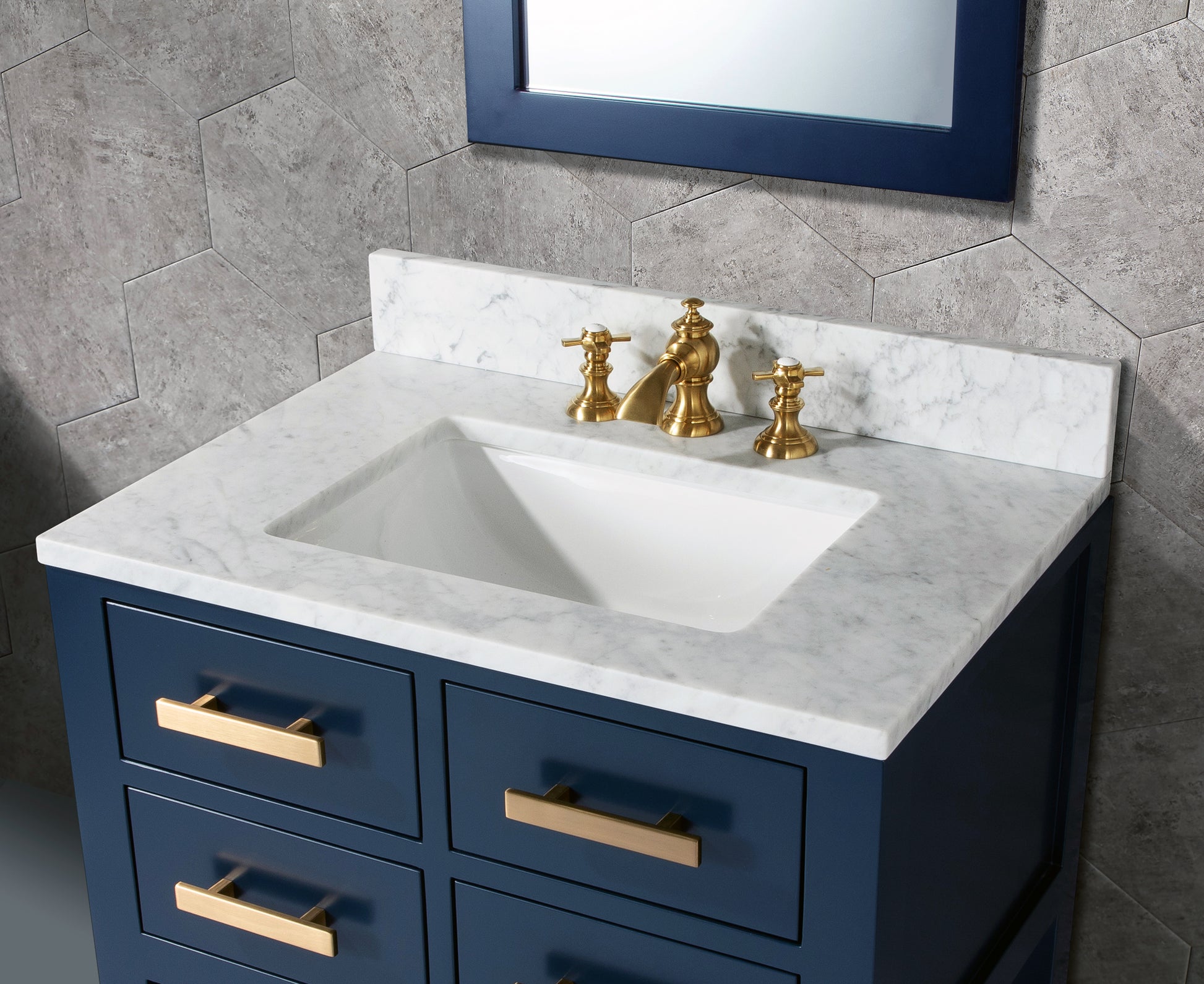 Madalyn 30 in. W Bath Vanity in Monarch Blue with Marble Vanity Top in Carrara White with White Basin(s) | Water Creation