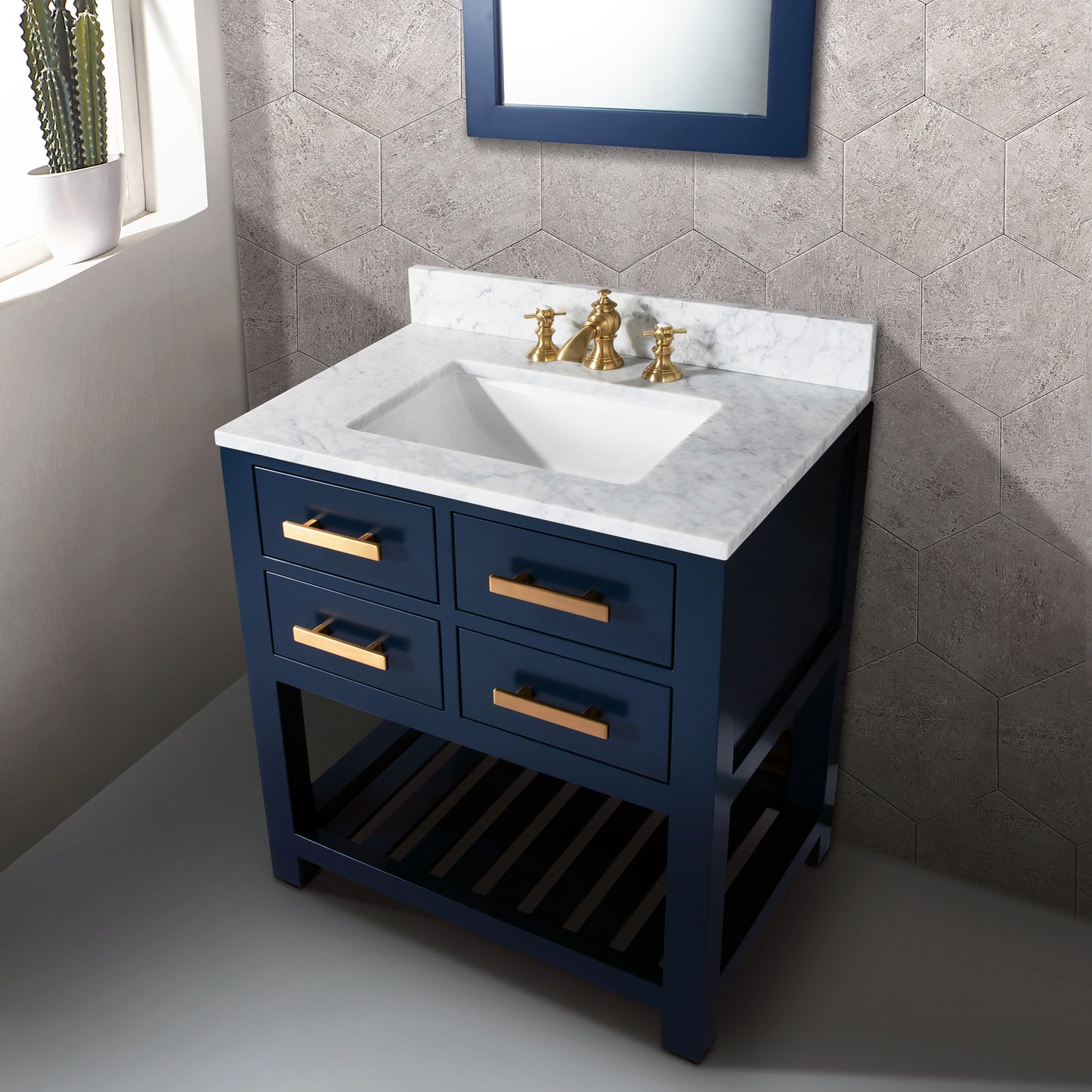 Madalyn 30 in. W Bath Vanity in Monarch Blue with Marble Vanity Top in Carrara White with White Basin(s) | Water Creation