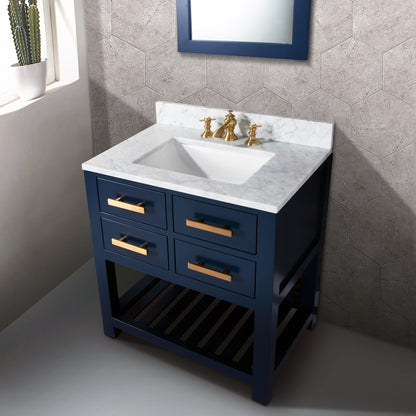 Madalyn 30 in. W Bath Vanity in Monarch Blue with Marble Vanity Top in Carrara White with White Basin(s) | Water Creation