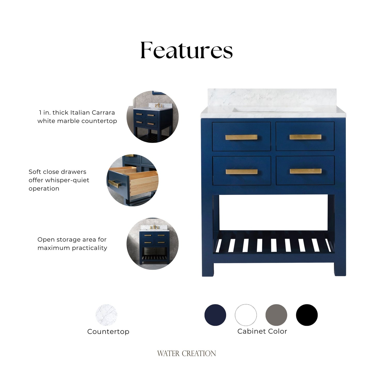 Madalyn 30 in. W Bath Vanity in Monarch Blue with Marble Vanity Top in Carrara White with White Basin(s) | Water Creation