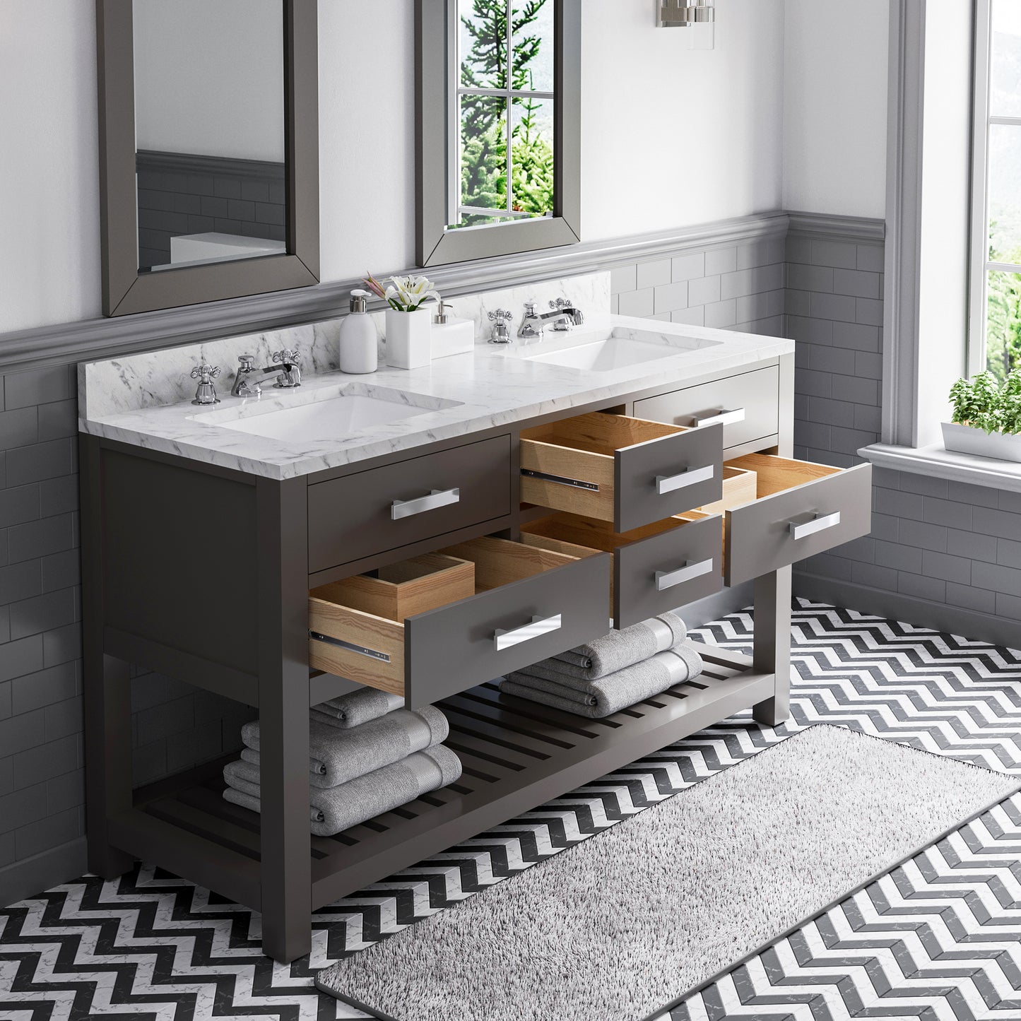Madalyn 60 in. W x 21.5 in. D x 34 in. H Vanity in Cashmere Grey with Marble Vanity Top in Carrara White | Water Creation
