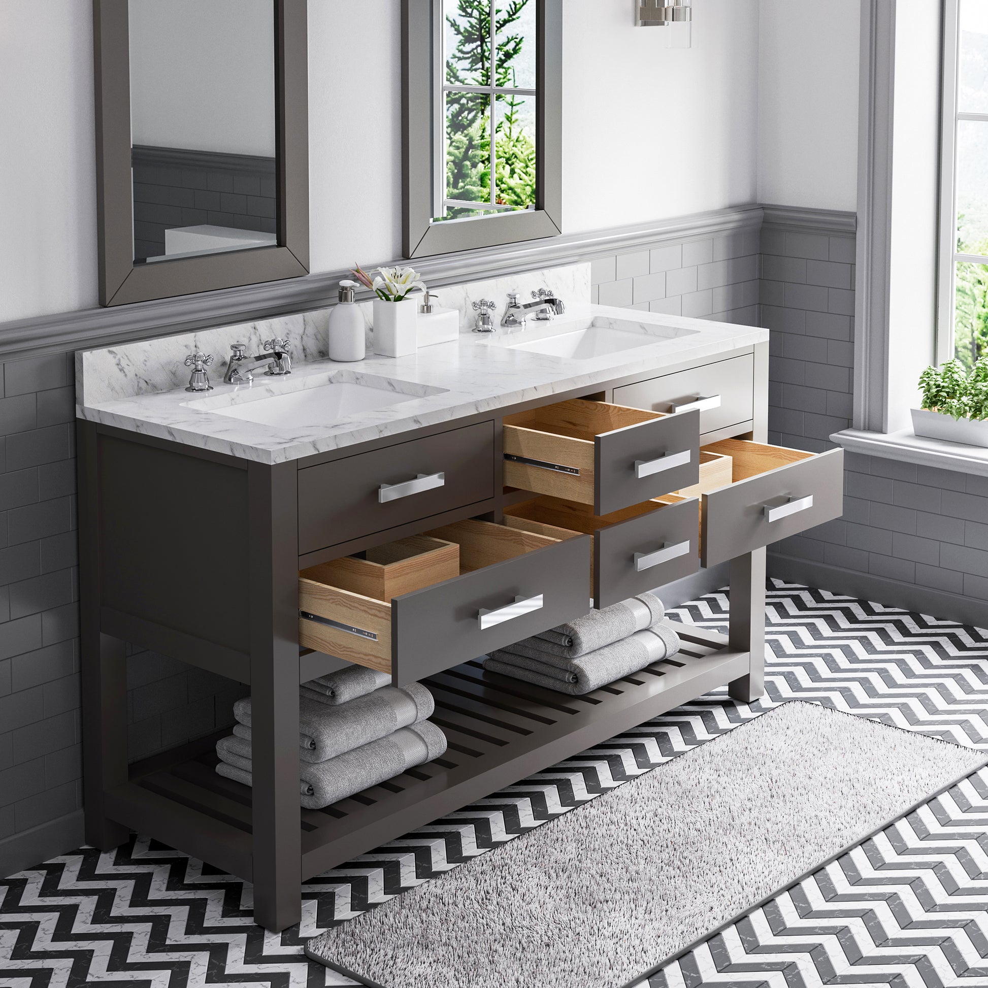 Madalyn 60 in. W x 21.5 in. D x 34 in. H Vanity in Cashmere Grey with Marble Vanity Top in Carrara White | Water Creation