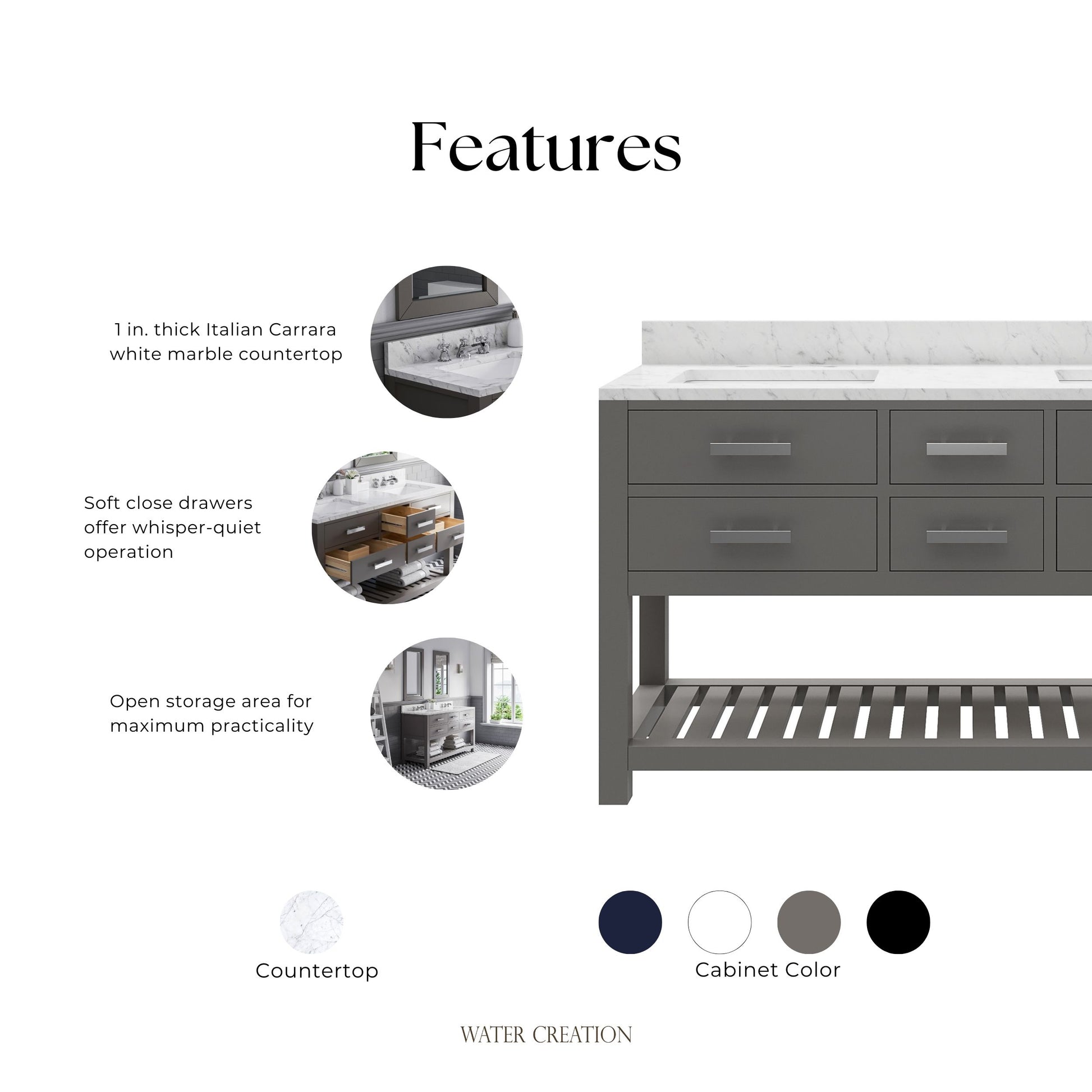 Madalyn 60 in. W x 21.5 in. D x 34 in. H Vanity in Cashmere Grey with Marble Vanity Top in Carrara White | Water Creation