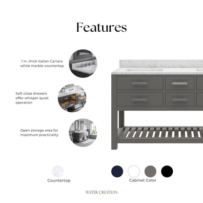 Madalyn 60 in. W x 21.5 in. D x 34 in. H Vanity in Cashmere Grey with Marble Vanity Top in Carrara White | Water Creation