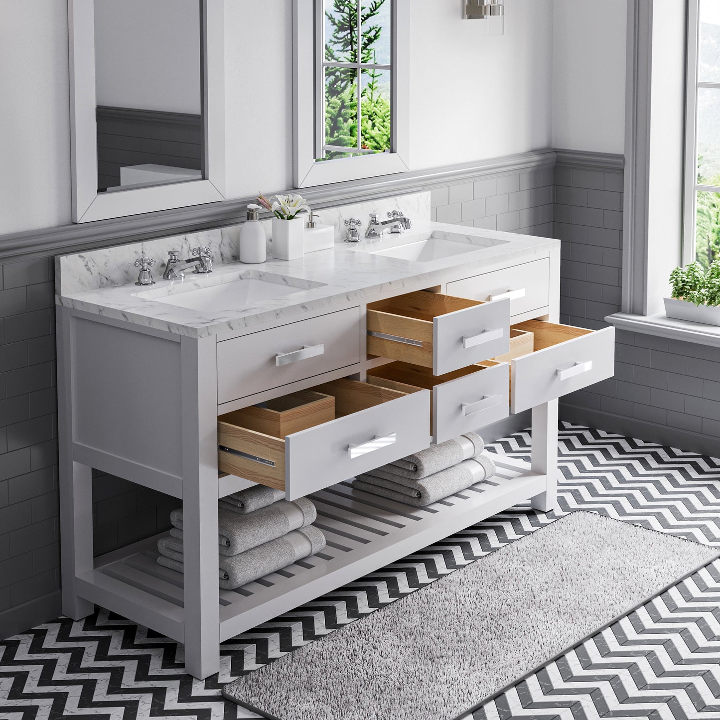 Madalyn 60 in. Vanity in Carrara White with Marble Vanity Top in Carrara White | Water Creation