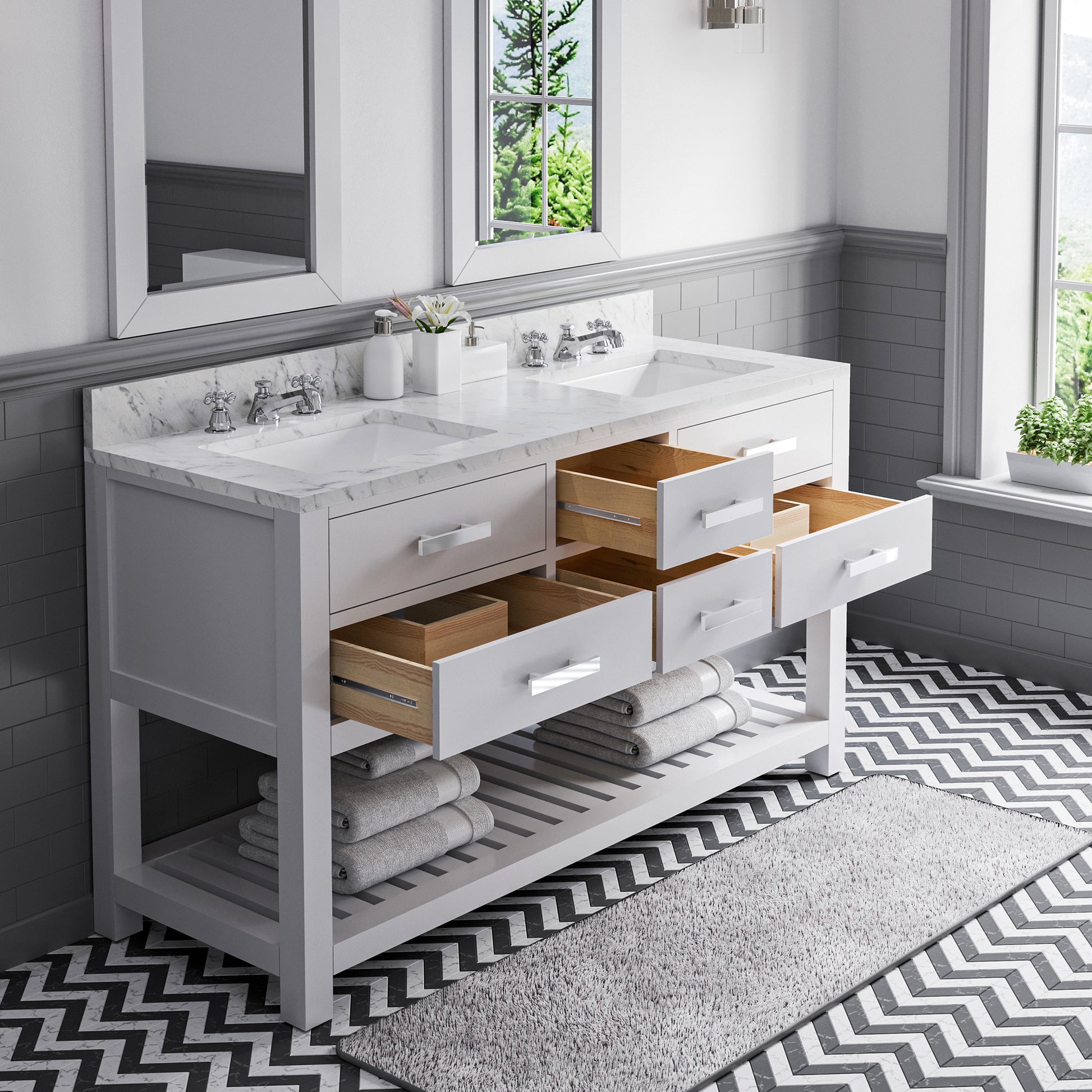 Madalyn 60 in. Vanity in Carrara White with Marble Vanity Top in Carrara White | Water Creation