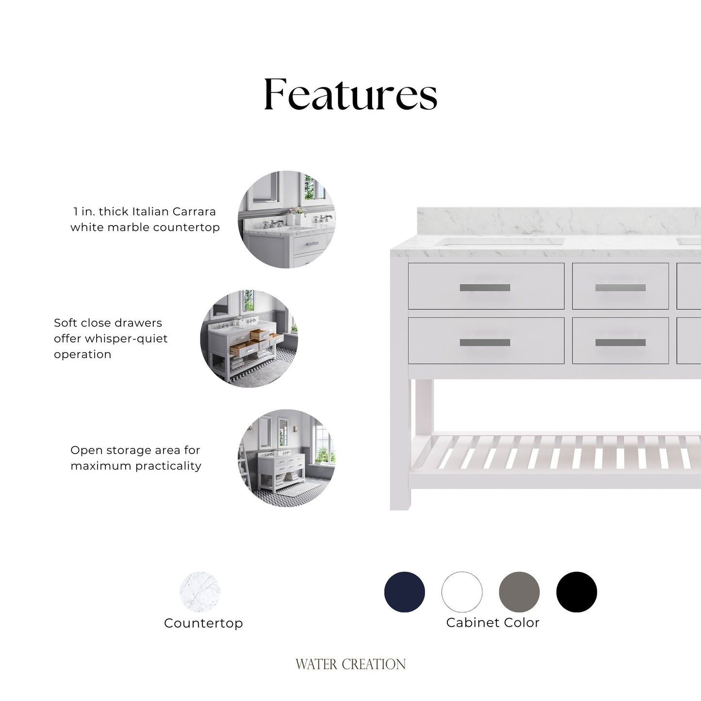 Madalyn 60 in. Vanity in Carrara White with Marble Vanity Top in Carrara White | Water Creation
