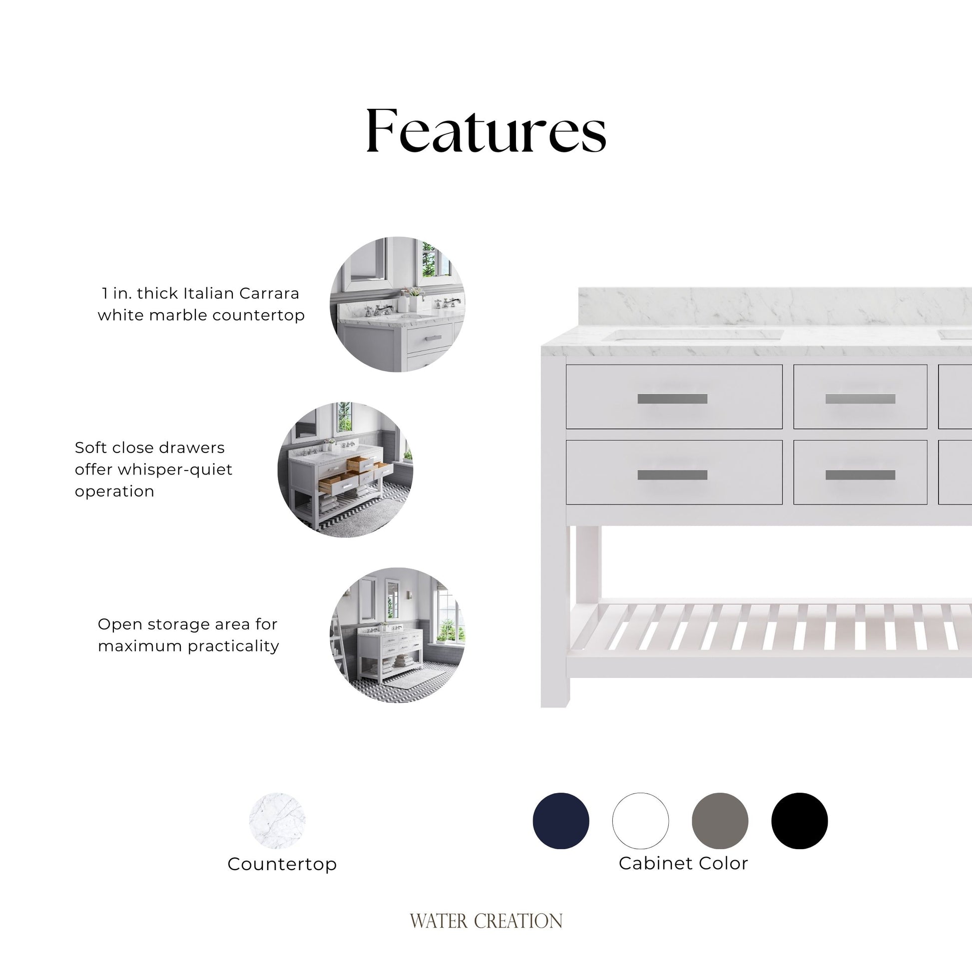 Madalyn 60 in. Vanity in Carrara White with Marble Vanity Top in Carrara White | Water Creation