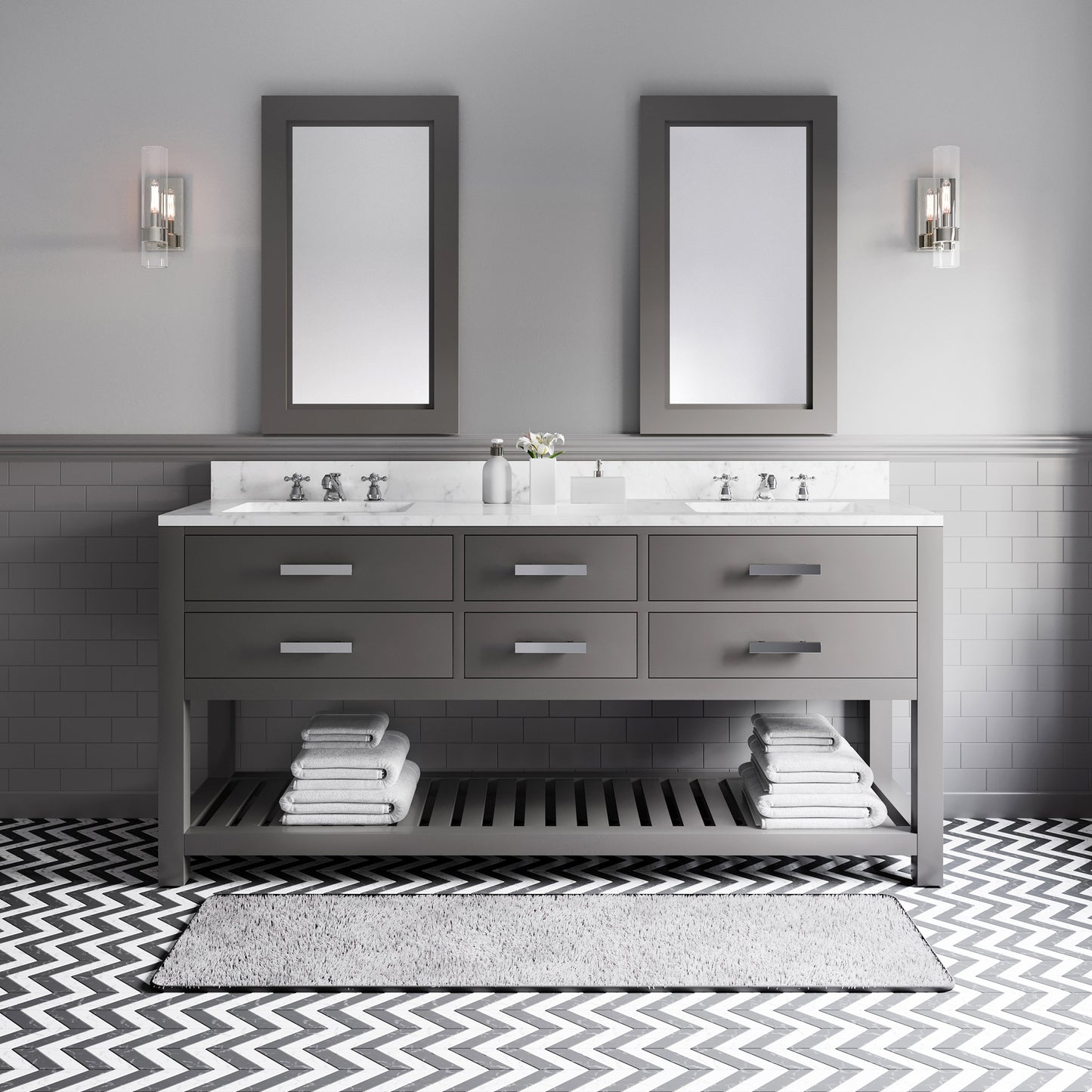 Madalyn 72 in. W x 21.5 in. D x 34 in. H Vanity in Cashmere Grey with Marble Vanity Top in Carrara White | Water Creation