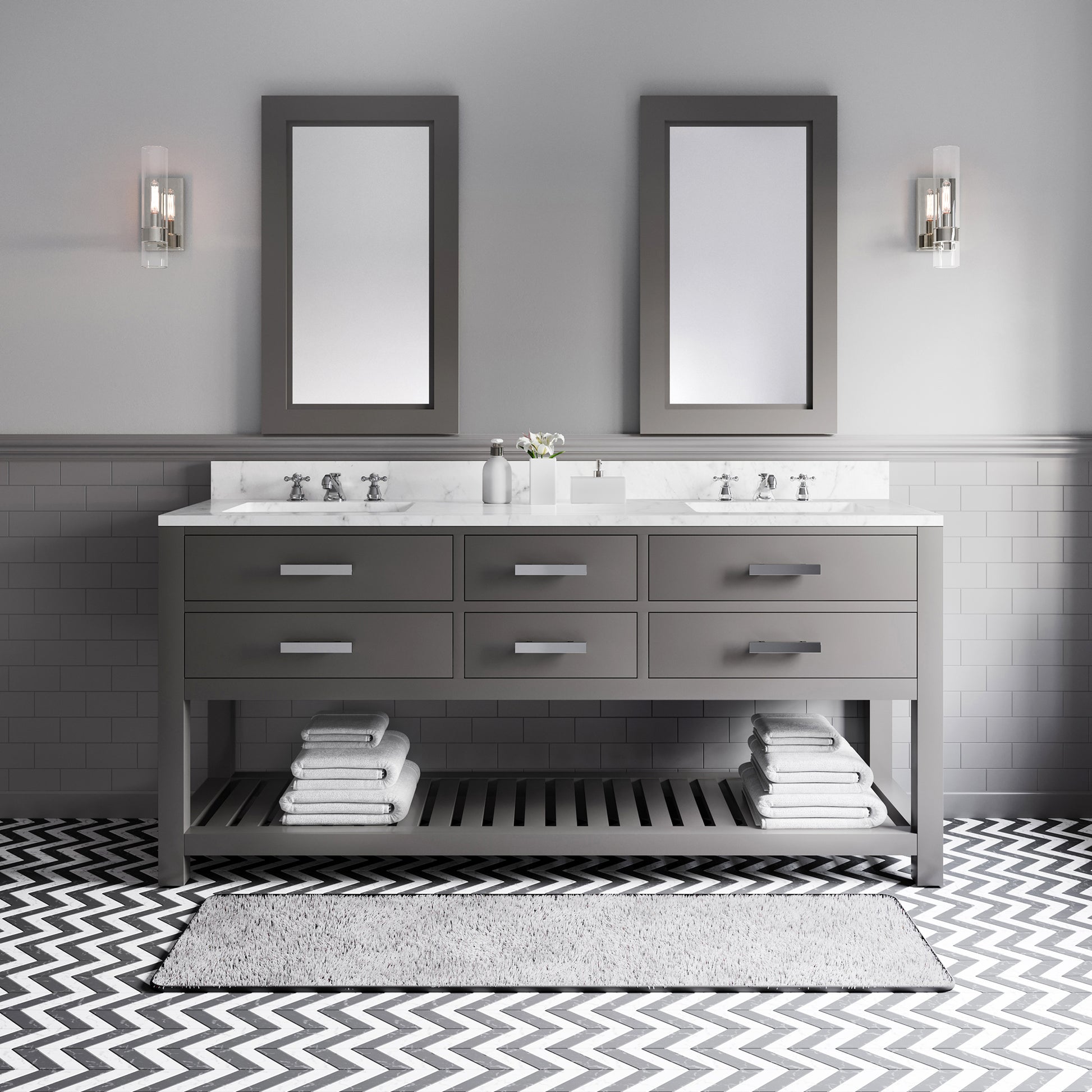 Madalyn 72 in. W x 21.5 in. D x 34 in. H Vanity in Cashmere Grey with Marble Vanity Top in Carrara White | Water Creation
