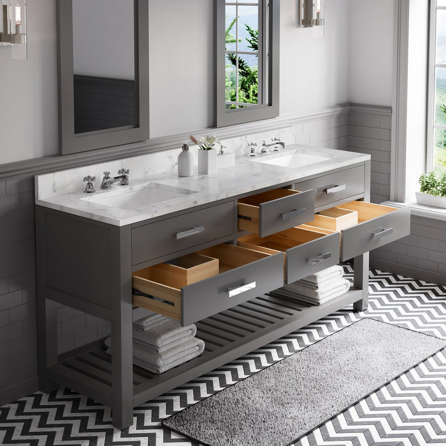 Madalyn 72 in. W x 21.5 in. D x 34 in. H Vanity in Cashmere Grey with Marble Vanity Top in Carrara White | Water Creation