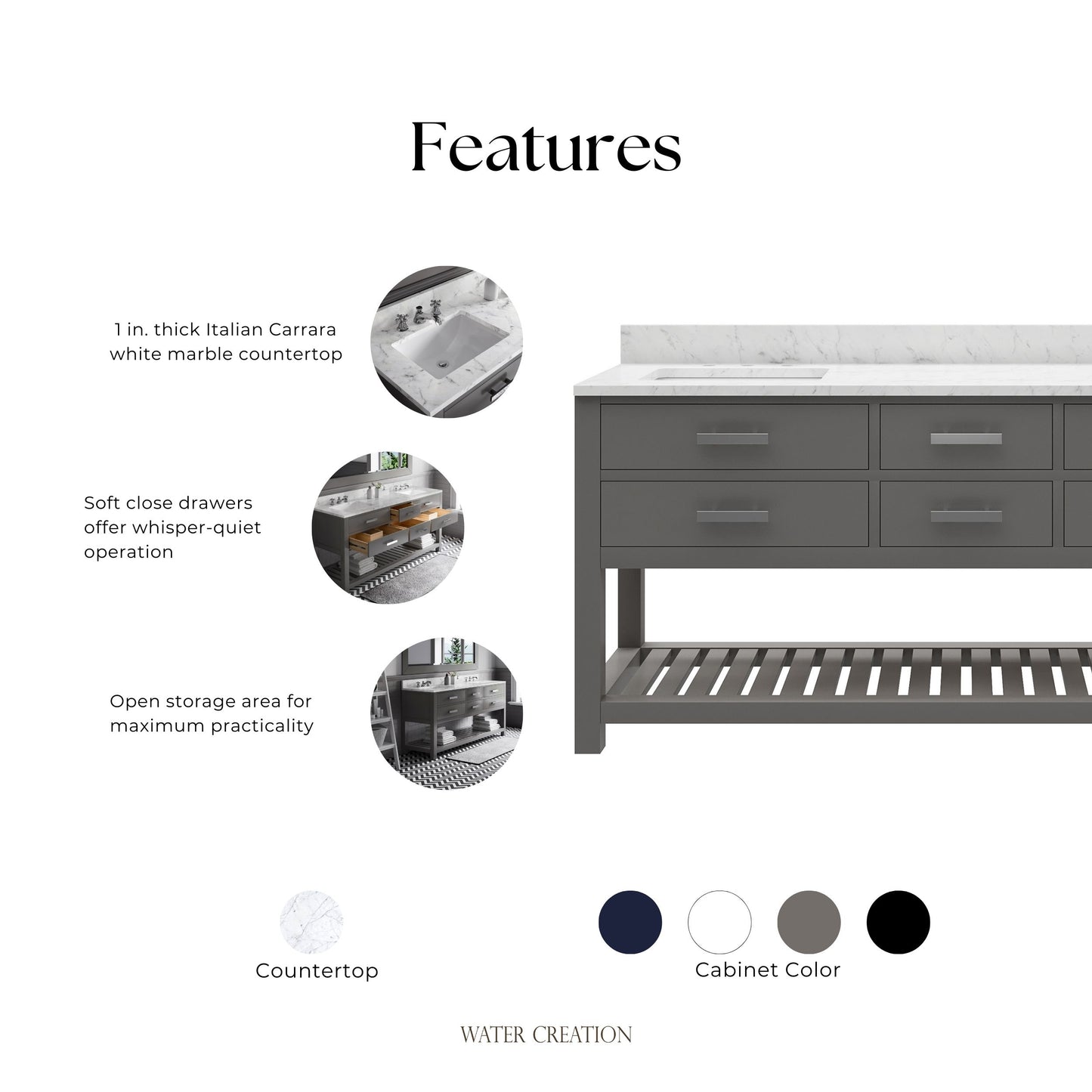 Madalyn 72 in. W x 21.5 in. D x 34 in. H Vanity in Cashmere Grey with Marble Vanity Top in Carrara White | Water Creation
