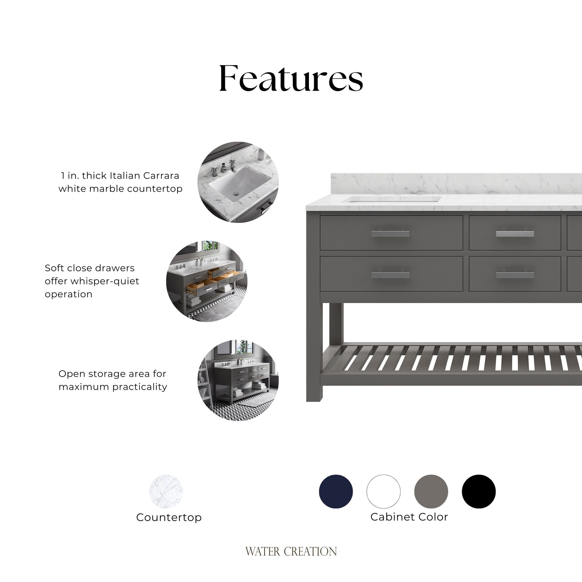 Madalyn 72 in. W x 21.5 in. D x 34 in. H Vanity in Cashmere Grey with Marble Vanity Top in Carrara White | Water Creation