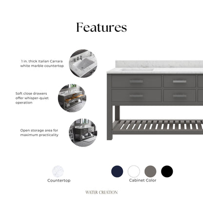 Madalyn 72 in. W x 21.5 in. D x 34 in. H Vanity in Cashmere Grey with Marble Vanity Top in Carrara White | Water Creation