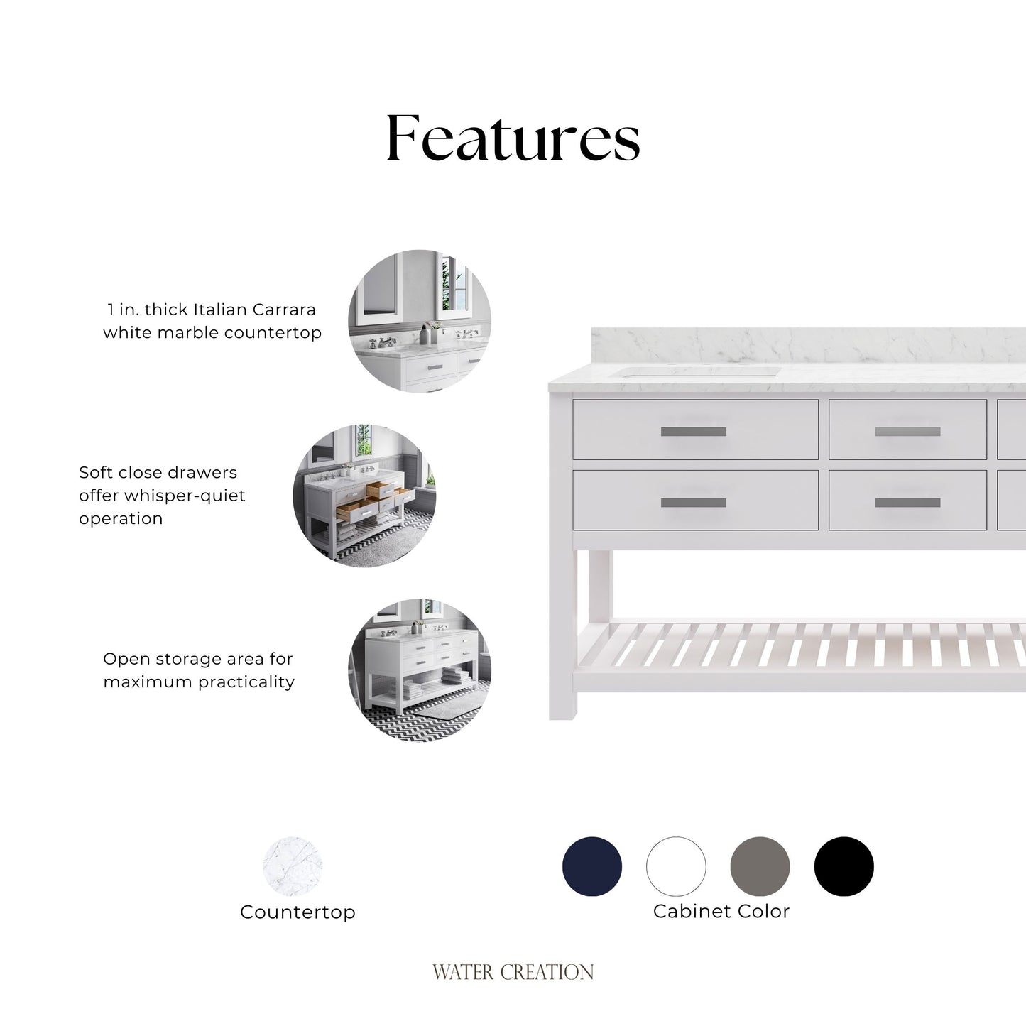 Madalyn 72 in. Vanity in Carrara White with Marble Vanity Top in Carrara White | Water Creation