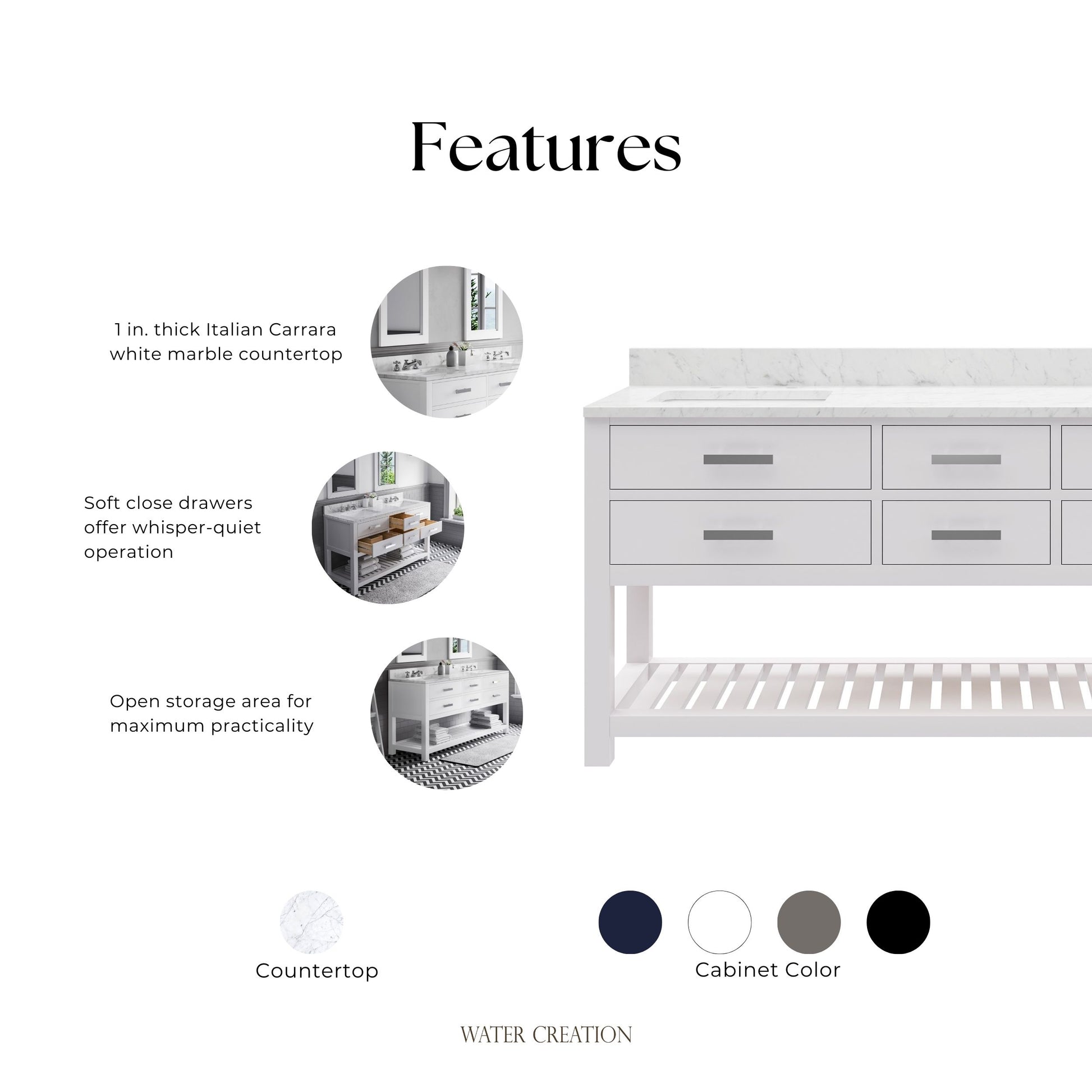 Madalyn 72 in. Vanity in Carrara White with Marble Vanity Top in Carrara White | Water Creation