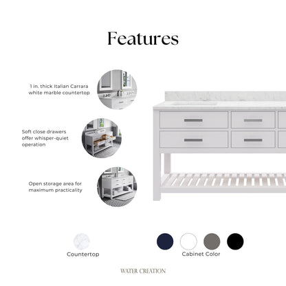 Madalyn 72 in. Vanity in Carrara White with Marble Vanity Top in Carrara White | Water Creation