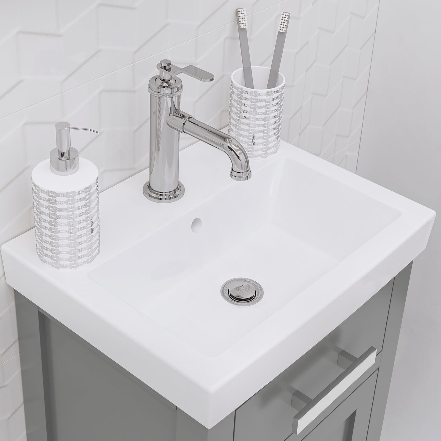 MIA 18 in. W Bath Vanity in Cashmere Grey Finish with Ceramics Integrated Vanity Top with White Basin | Water Creation
