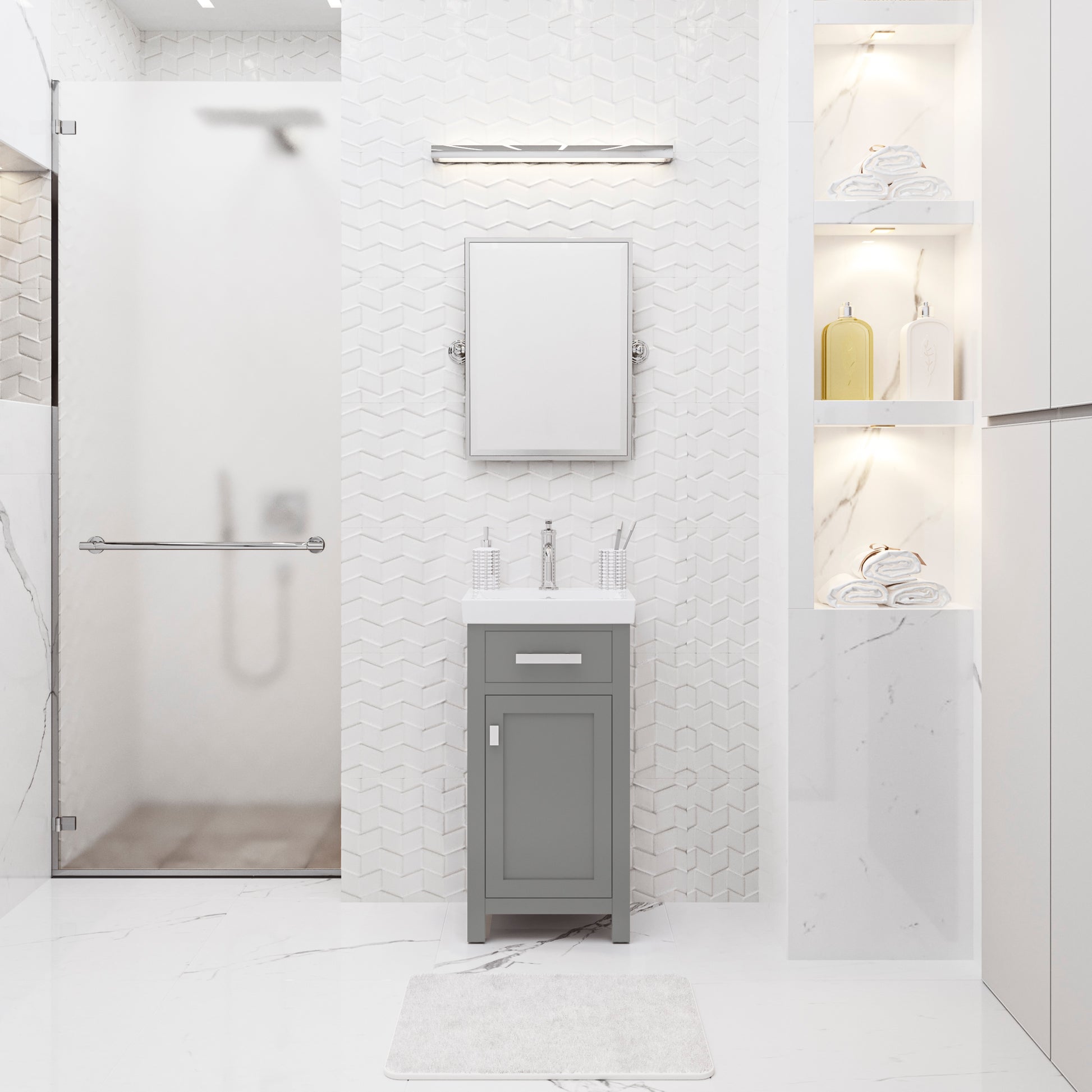 MIA 18 in. W Bath Vanity in Cashmere Grey Finish with Ceramics Integrated Vanity Top with White Basin | Water Creation